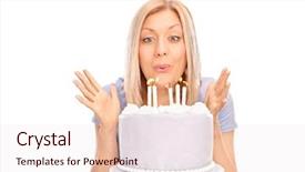  Presentation with white candles - Cool new presentation theme with studio shot of an overjoyed blond woman blowing candles on a birthday cake isolated on white background backdrop and a lemonade colored foreground