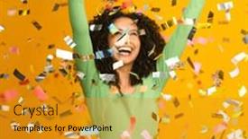  Presentation with studio - PPT theme featuring studio-shot-of-excited-woman and a gold colored foreground