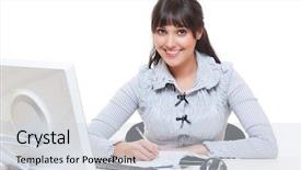  Presentation with secretary - Cool new theme with studio shot of smiley secretary writing something isolated on white backdrop and a lemonade colored foreground