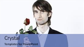 Presentation with tall - Colorful PPT theme enhanced with studio shot portrait of a young funny expressive thin and tall man on isolated background holding a rose backdrop and a light blue colored foreground