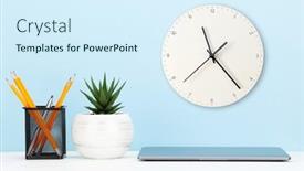  Presentation with clock - Cool new theme with studio-workspace-with-laptop-computer backdrop and a sky blue colored foreground