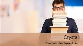  Presentation with manual book - PPT theme having studious - young man holding pile background and a coral colored foreground