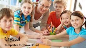  Presentation with teacher lesson plan - Beautiful PPT theme featuring study circle - portrait of diligent schoolkids backdrop and a coral colored foreground