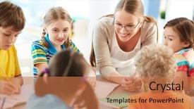  Presentation with teacher lesson plan - Beautiful presentation theme featuring study circle - portrait of diligent schoolkids backdrop and a coral colored foreground
