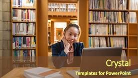  Presentation with library - Amazing PPT layouts having study computer - young woman using laptop backdrop and a  colored foreground