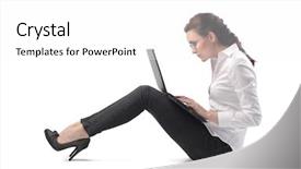  Presentation with young man holdng laptop on lap money - Cool new slide set with technology career - seated young businesswoman using backdrop and a white colored foreground