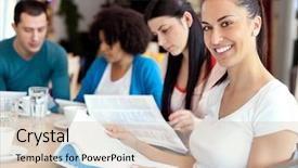  Presentation with female college student uti - Theme consisting of study group - young female student with friends background and a lemonade colored foreground