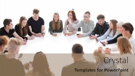  Presentation with round table - Presentation featuring study-group-of-young-people background and a coral colored foreground