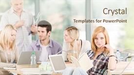  Presentation with high school - Cool new PPT theme with study group with mature professor backdrop and a sky blue colored foreground