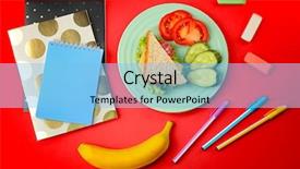  Presentation with food plate starter or entree - Audience pleasing PPT theme consisting of study habits - plate with tasty food backdrop and a light blue colored foreground