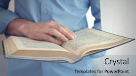  Presentation with reading - Audience pleasing PPT theme consisting of study habits - young man reading book close backdrop and a teal colored foreground