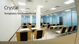  Presentation with modern school building - PPT theme enhanced with study hall - beautiful wooden desks background and a light gray colored foreground