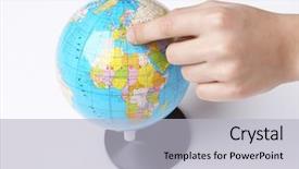  Presentation with world flags and globe - PPT theme with study oversea - boys finger pointing on world background and a light gray colored foreground