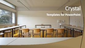  Presentation with classroom - Audience pleasing PPT theme consisting of study table - empty classroom backdrop and a coral colored foreground