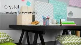  Presentation with creative - Slide deck with study table - workplace of creative person indoors background and a  colored foreground