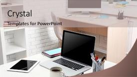  Presentation with workplace - Slide set having study table - workplace with computer in office background and a  colored foreground