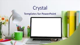  Presentation with workplace violence close up - PPT theme consisting of study table - workplace with laptop close up background and a  colored foreground