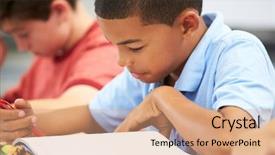  Presentation with classroom management strategies - Beautiful PPT theme featuring studying at desks in classroom backdrop and a coral colored foreground