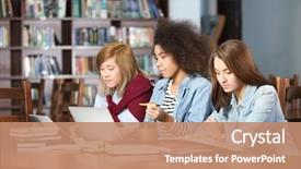  Presentation with racial group high school students - Presentation design consisting of studying at table in library background and a coral colored foreground