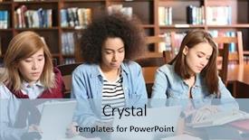  Presentation with library - PPT theme having studying at table in library background and a light blue colored foreground