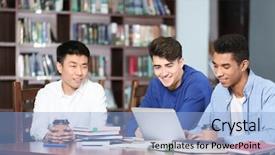  Presentation with group of students raising hands - Presentation theme enhanced with studying at table in library background and a light blue colored foreground