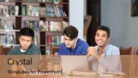  Presentation with group of students raising hands - Beautiful slide set featuring studying at table in library backdrop and a coral colored foreground