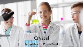  Presentation with children education - PPT theme featuring studying chemistry at school laboratory background and a light gray colored foreground