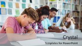  Presentation with diverse high school students - Slide set consisting of attentive students studying in library background and a  colored foreground