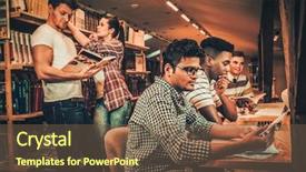  Presentation with university library - Audience pleasing PPT theme consisting of studying in the university library backdrop and a tawny brown colored foreground