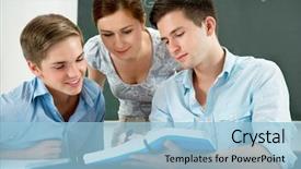  Presentation with group discussion - Slides with studying together in a classroom background and a  colored foreground