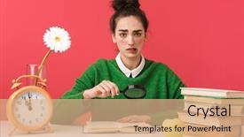  Presentation with happy young student girl holding - Audience pleasing presentation design consisting of studying with books magnifying glass backdrop and a  colored foreground