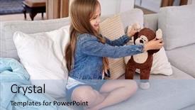  Presentation with brown bear - Cool new presentation theme with stuffed animals - happy caucasian girl playing backdrop and a light blue colored foreground