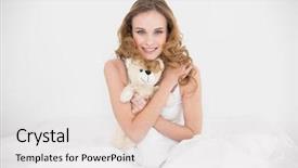  Presentation with sitting teddy bear isolated - Colorful PPT layouts enhanced with stuffed animals - smiling attractive brunette cuddling teddy backdrop and a light gray colored foreground