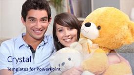  Presentation with teddy bear - Presentation having stuffed animals - young couple sat with giant background and a sky blue colored foreground