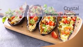  Presentation with cheese - Amazing PPT theme having stuffed-aubergine-with-vegetable backdrop and a light blue colored foreground