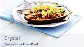  Presentation with meat food - Presentation theme featuring stuffed aubergines with minced meat tomatoes and feta cheese - food and drink background and a sky blue colored foreground