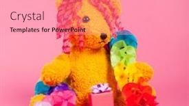  Presentation with pink birthday - Slide deck enhanced with stuffed birthday bear with present on pink background background and a coral colored foreground