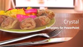  Presentation with cabbage - Colorful slide set enhanced with stuffed cabbage rolls on table at home backdrop and a coral colored foreground