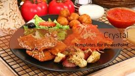  Presentation with salad dressing - Colorful theme enhanced with stuffed mushrooms fried ravioli oven baked potatoes marinara honey mustard ranch dressing cheese manicotti salad backdrop and a red colored foreground