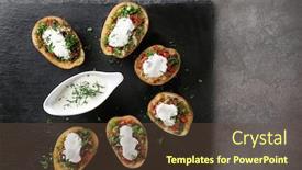  Presentation with slate - Theme enhanced with stuffed potatoes served with sauce on slate plate background and a tawny brown colored foreground
