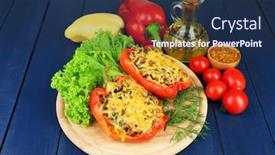  Presentation with peppers - Amazing PPT theme having stuffed red peppers with greens and vegetables on table close up backdrop and a navy blue colored foreground