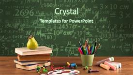  Presentation with school desk - Slide deck with stuffed school desk with green blackboard in the background full of numbers calculation background and a tawny brown colored foreground