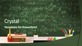  Presentation with school desk - Colorful slide deck enhanced with stuffed school desk with green blackboard in the background full of numbers calculation backdrop and a tawny brown colored foreground