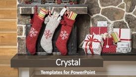  Presentation with christmas stocking - Slide deck featuring stuffed stockings hanging background and a tawny brown colored foreground