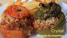  Presentation with potato chips - Slides with stuffed vegetables in the greek style filled with meat and rice and served with french fried potato chips background and a tawny brown colored foreground