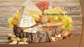  Presentation with cheese - Presentation design with stump with variety of cheese on wooden background background and a coral colored foreground