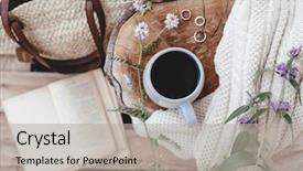  Presentation with coffee book - Slide deck consisting of stumps - cup coffee or tea blanket background and a light gray colored foreground