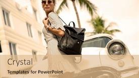  Presentation with vintage car - PPT theme with stunning-stylish-young-woman-standing background and a coral colored foreground