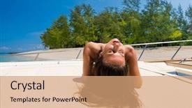  Presentation with speedboat - Colorful slide set enhanced with stunningly beautiful young woman backdrop and a  colored foreground