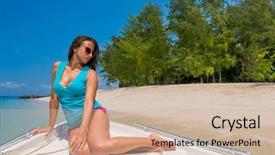  Presentation with speedboat - PPT theme featuring stunningly beautiful young woman background and a  colored foreground